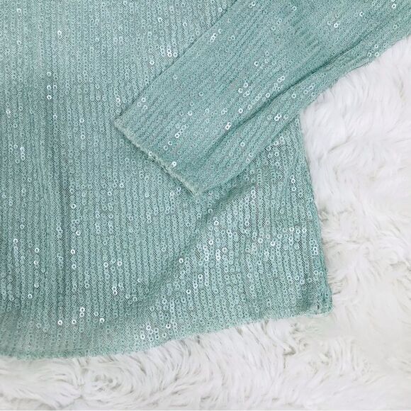 FREE PEOPLE Gold Rush Sequin Long Sleeve Top Tee Mint Green Medium Large New - Picture 8 of 11